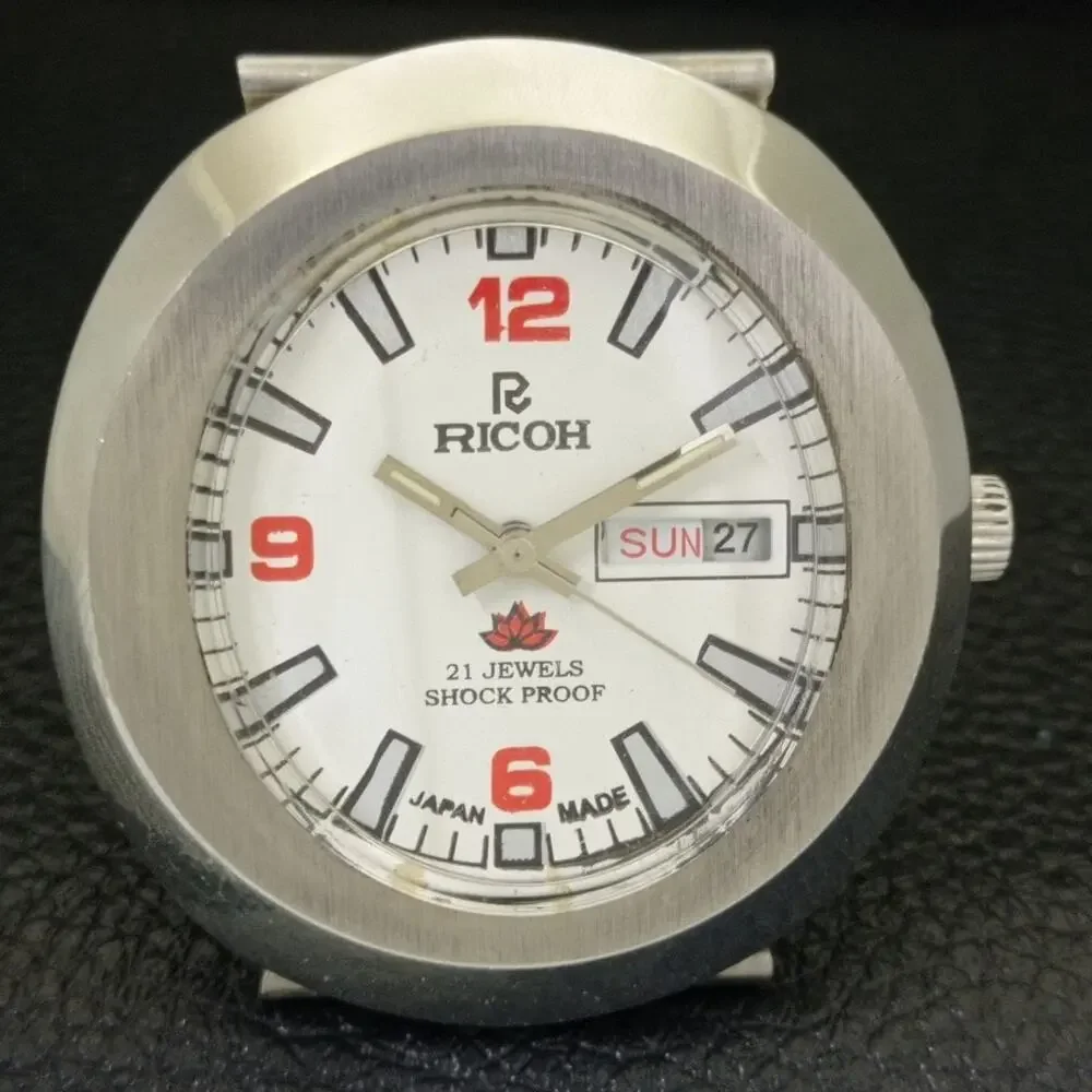 Vintage 1980 Ricoh Automatic Mens Silver Watch W/daydate & Red accents